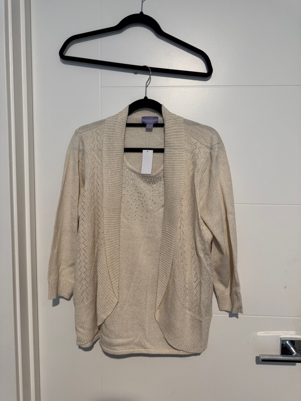 Laura Scott Cream Open-Front Embellished Knit Cardigan